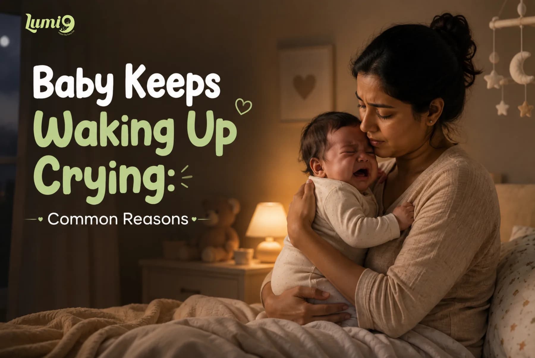 A mother comforting her crying baby in a dimly lit bedroom late at night