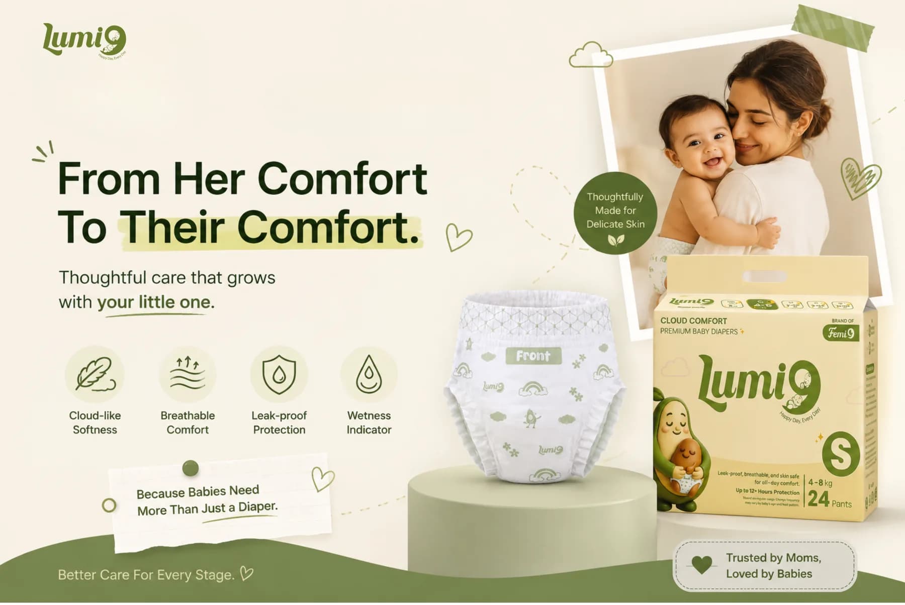 Lumi9 baby diapers — a mother holding her baby beside a Lumi9 Cloud Comfort size S pack, with cloud-like softness, breathable comfort, leak-proof protection and wetness indicator highlighted