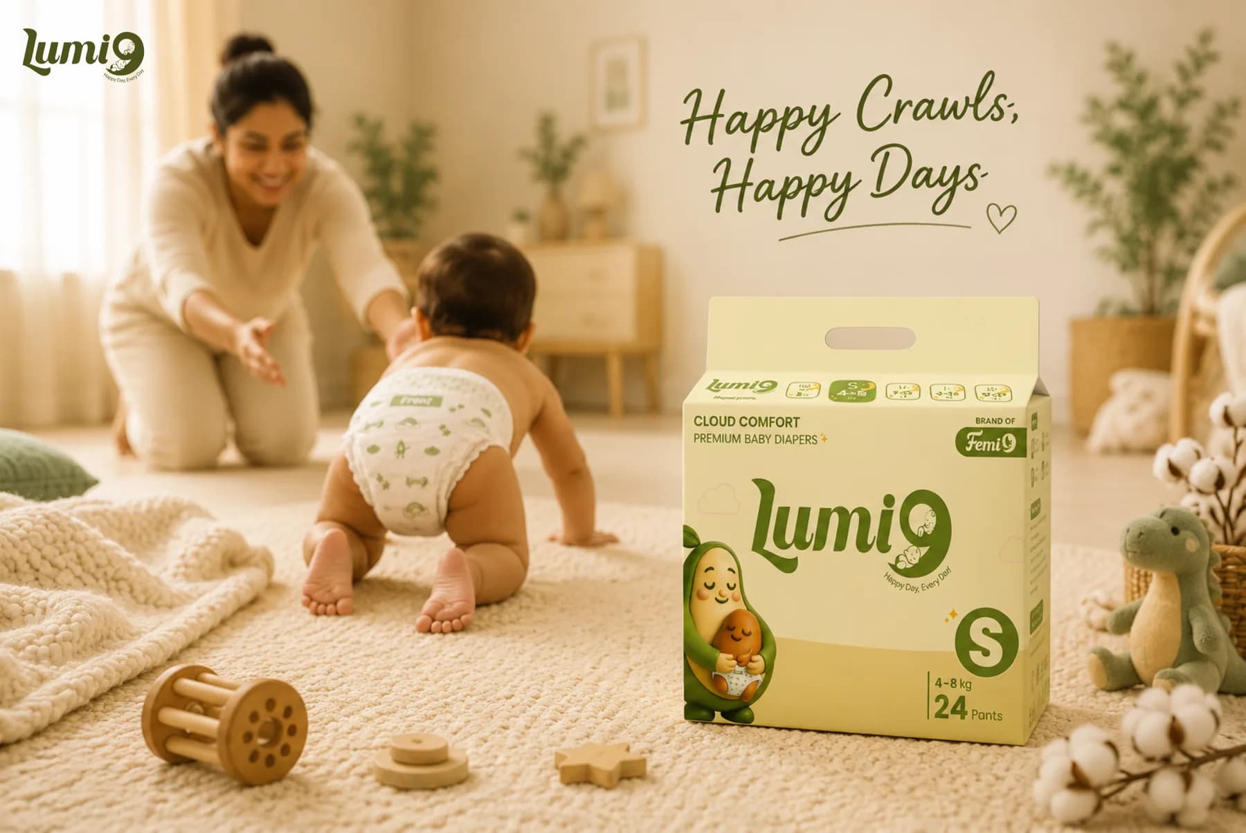 Lumi9 Cloud Comfort premium baby diapers size S pack beside a crawling baby reaching for their mother in a sunlit living room
