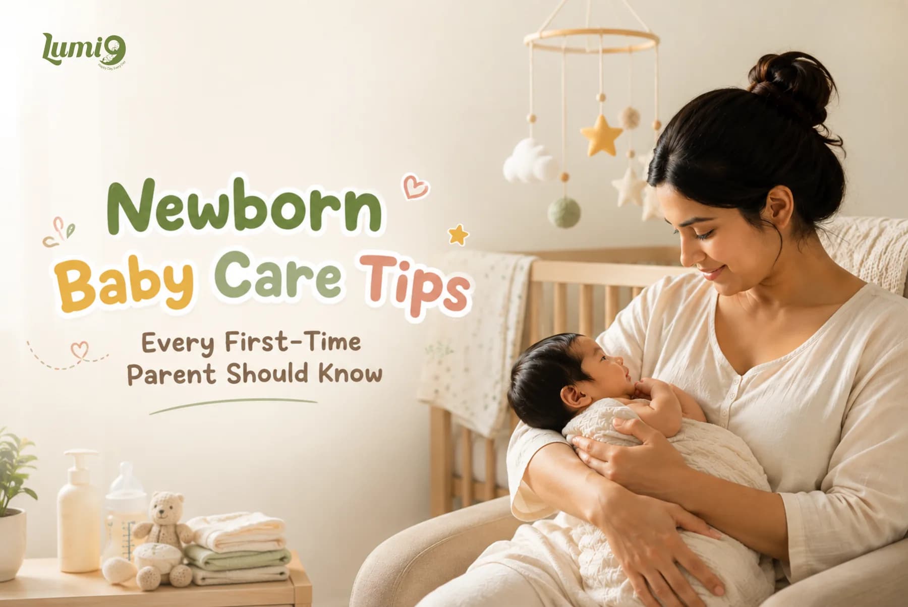 A first-time mother cradling her sleeping newborn in a nursery chair beside a cot, mobile and folded baby essentials