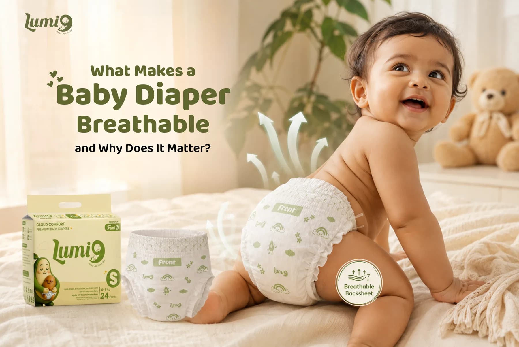 A crawling baby wearing a Lumi9 breathable diaper pant beside a Cloud Comfort size S pack, with airflow arrows marking the breathable backsheet